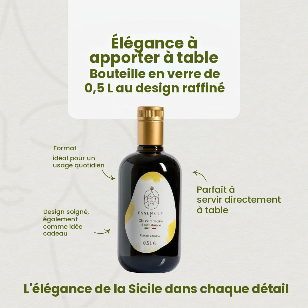 Huile d’Olive Extra Vierge 100% Italienne – Extraction à Froid – Récolte Manuelle – Bouteille 500 ml – Essensily