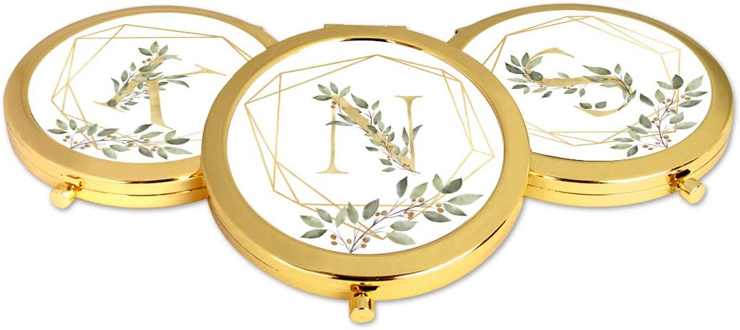 Andaz Press Gold Compact Mirror Bridesmaid's Gift, Monogram Initial Letter N, Geometric Gold Frame Greenery Green Leaves, Wedding Gifts Ideas for Maid of Honor