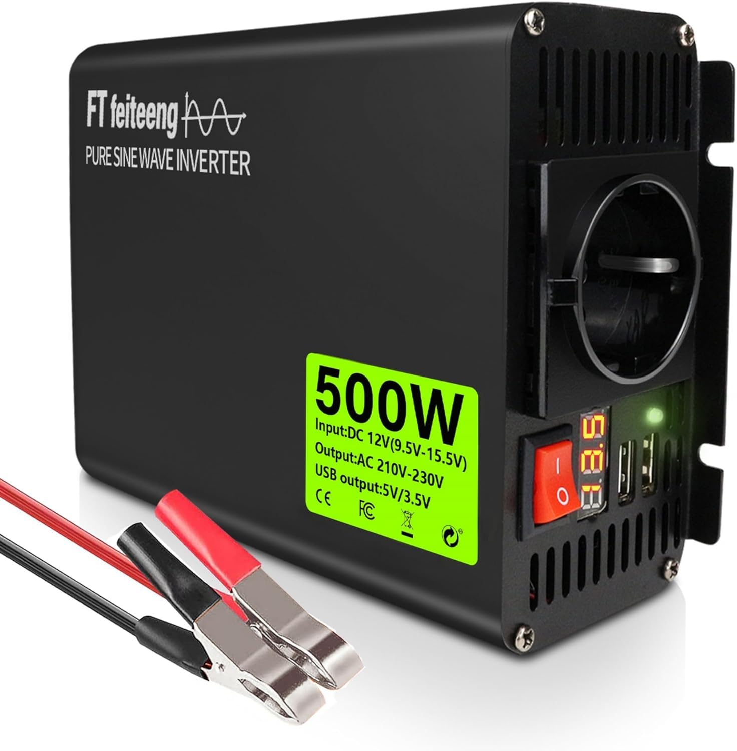 Inverter a onda sinusoidale pura, da 12 V CC a 220 V/230 V AC, display a LED, doppia porta USB 5 V/3,4 A, adatto per campeggio, camper, camion (500 W)