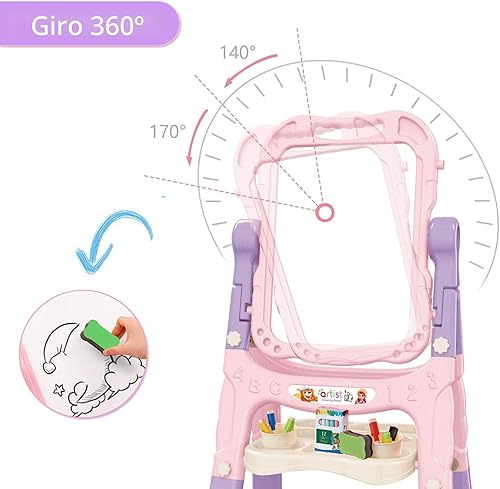 Miniatura 3 de Caballete de arte para niños, caballete giratorio ajustable de doble cara con accesorios de pintura para niños pequeños y niñas, color rosa