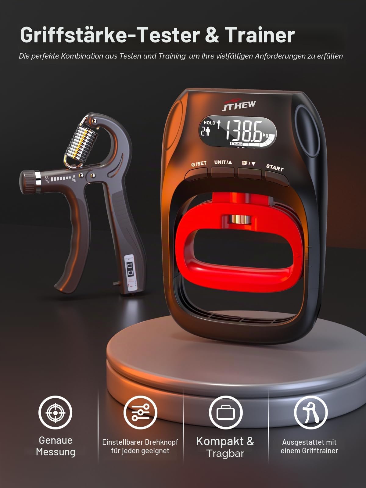 JTHEW Griffkrafttrainer, verstellbarer Widerstand, 5–60 kg, Handgreifer und Unterarmstärkungsgerät mit intelligentem Zähler für Sport und Reha