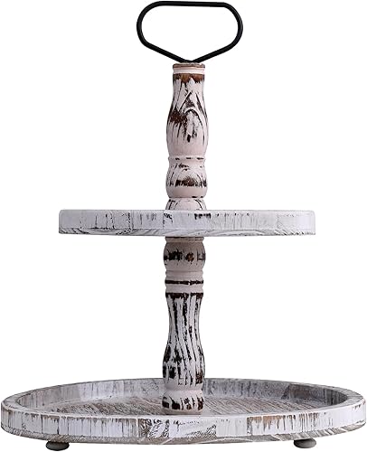 Miniatura 5 de Bandeja escalonada Bandejas de dos niveles Soporte redondo rústico para magdalenas, soporte para servir pasteles con asa para sala de estar, fiesta