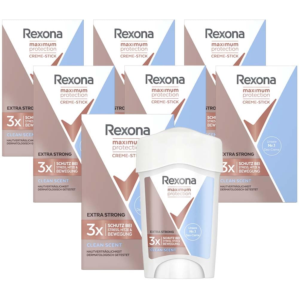 Rexona Maximum Protection - Desodorante antitranspirante en crema Clean Scent con 48 horas de protección contra la sudoración intensa y el olor corporal, 45 ml, 7 unidades
