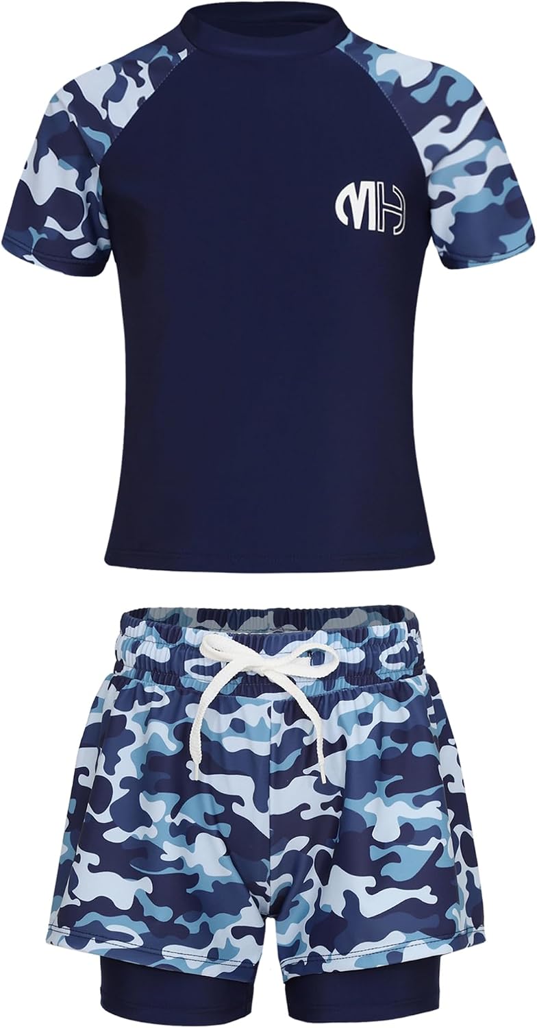 iiniim Boys Water Sport Swimsuit Kids 2Pcs Short Sleeve Swim Top with Swim Shorts Rash Guard Tankini Set