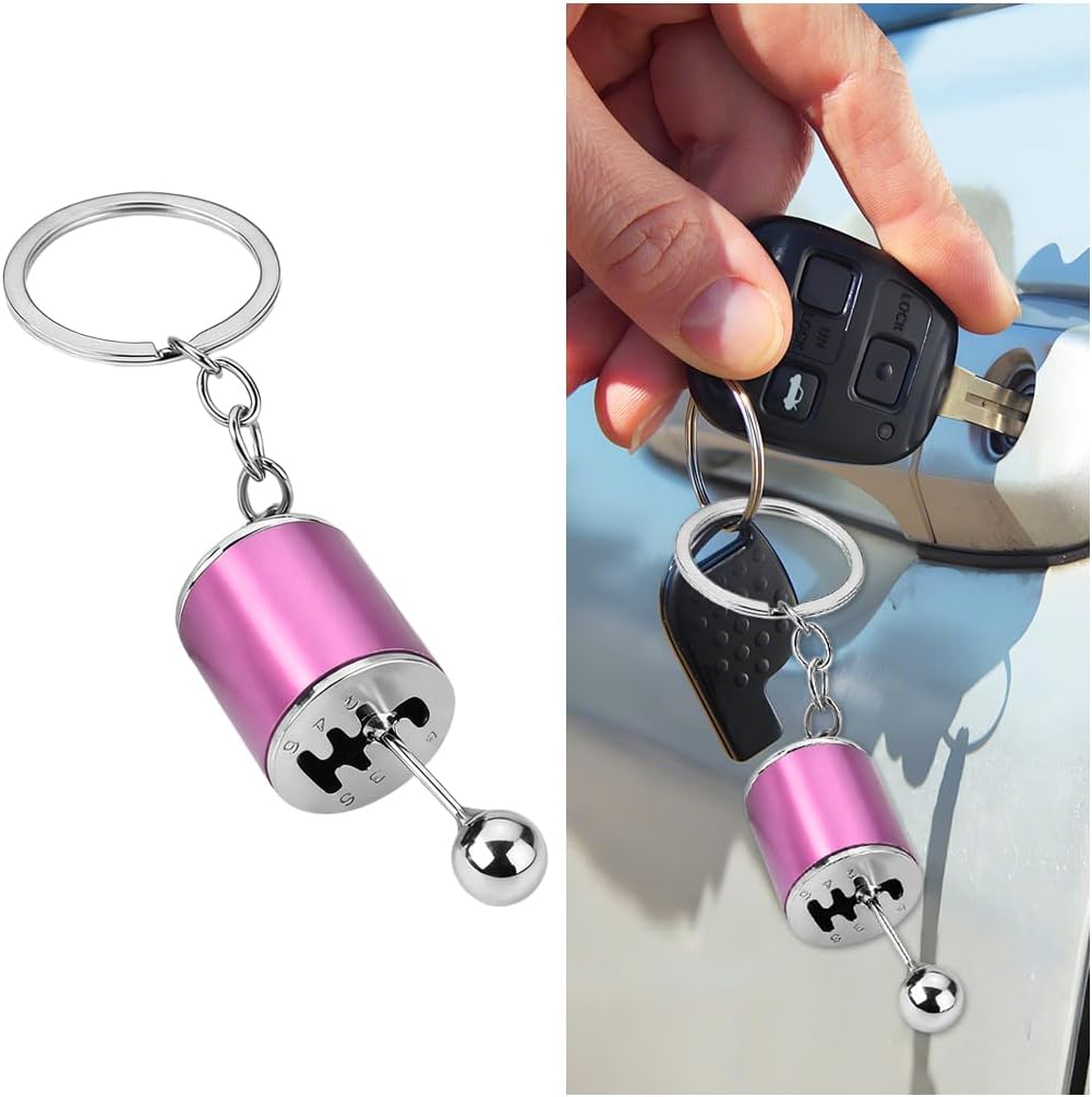 Car Shifter Gear Keychain, 6 Speed Shifter Vehicle Keyring Gadgets, Manual Transmission Shift Key Ring, Universal Fit (Pink)