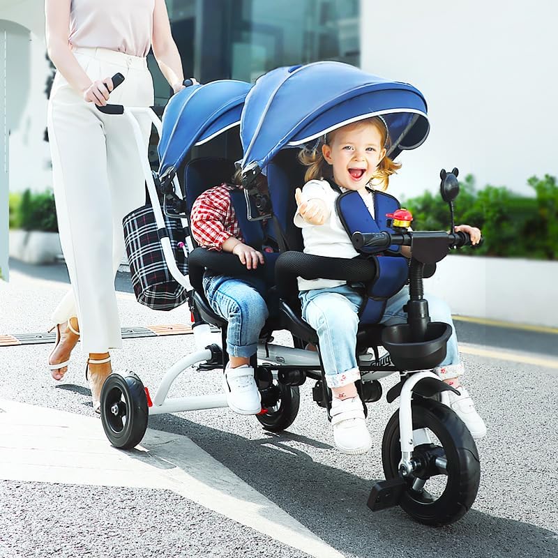 Double Sitting Pedal Car Twin Baby Stroller for 1-5 Years Old - Steerable, Durable, and Stylish (4 Colors Available) carriola para Bebe(Blue)
