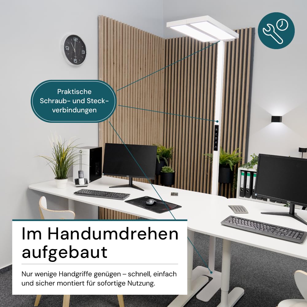 LUXULA LED Büro Stehlampe DUO, dimmbar, CRI>98 Vollspektrum, UGR<16 blendfrei, RG0 Blaulichtfilter, 4000K Neutralweiß, 120W, 8500 lm, weiß - Arbeitsplatz Stehleuchte Deckenfluter