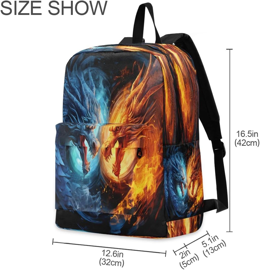 Blue Red Fire Dragons3 Backpack, Travel Rucksack Lightweight School Bookbag Daypack for Adults Teen Students Boys Girls