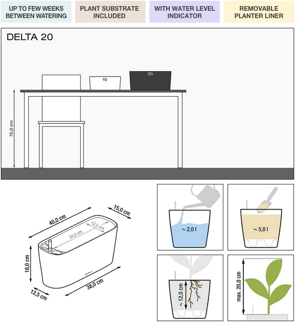 Lechuza Delta 20 Cream White High Gloss, Self-Watering Planter Indoor, H7.1 L15.7 W5.9 in