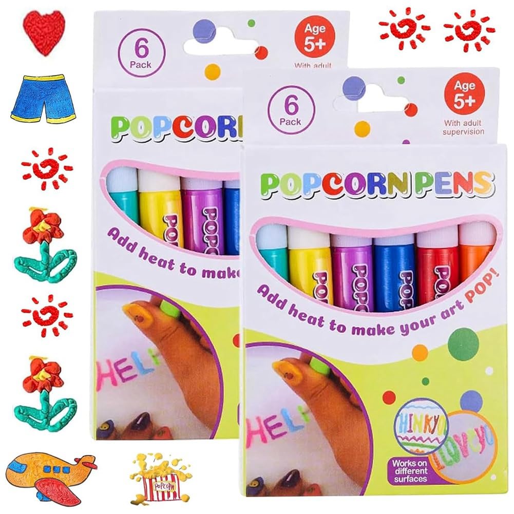 Aniyaa 12PCS Magic Puffy Pens for Kids, Magic Popcorn Pens, DIY Bubble Popcorn Drawing Pens, Popcorn Colors Pens Easy to Use Multicolor