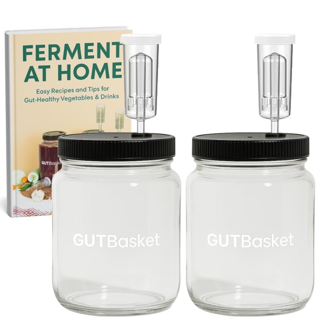 Gutbasket Fermenter 1 L (2 Jars)- Glass Fermentation Jar With Airlock And Lid | Ideal For Making Small Batches Of Fermented Beverage At Home,Clear