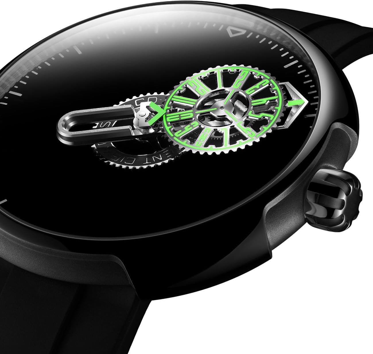 CIGA Design Wandering Hour Automatic Mechanical Watch, Time Cipher, 45MM Round Steel Case, Super-Black Dial, Super Luminova, Fluororubber Strap Gifts for Men and Women