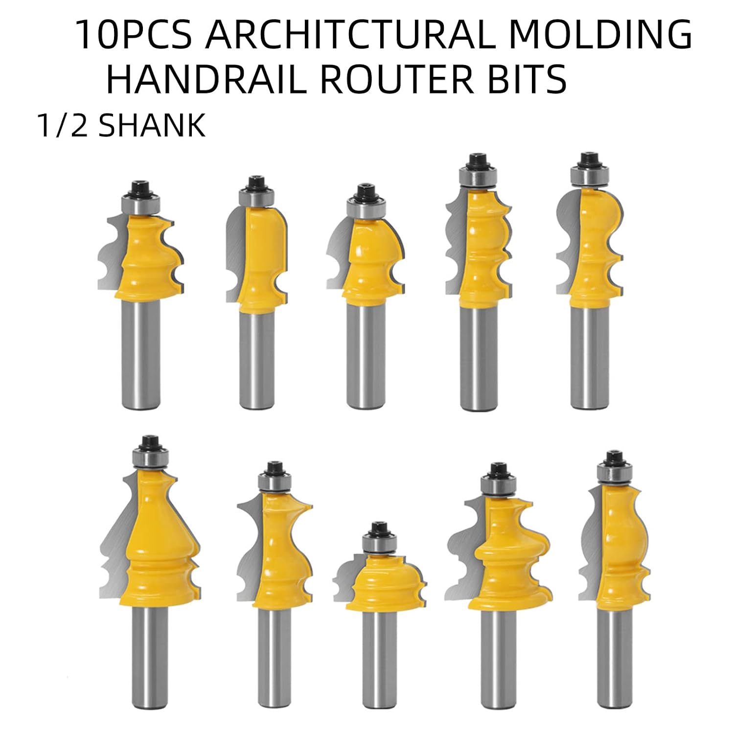 10PCS Architectural Molding Router Bit Set 1/2 Shank Casing Base CNC Line Handrail Woodworking Cutters Face Mill Woodworking Chisel Cutter Milling Tool