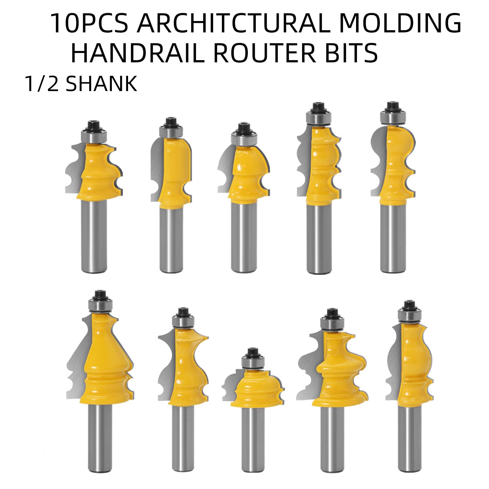 CHCYWJGJ 10PCS Architectural Molding Router Bit Set 1/2 Shank Casing Base CNC Line Handrail Woodworking Cutters Face Mill Woodworking Chisel Cutter Milling Tool