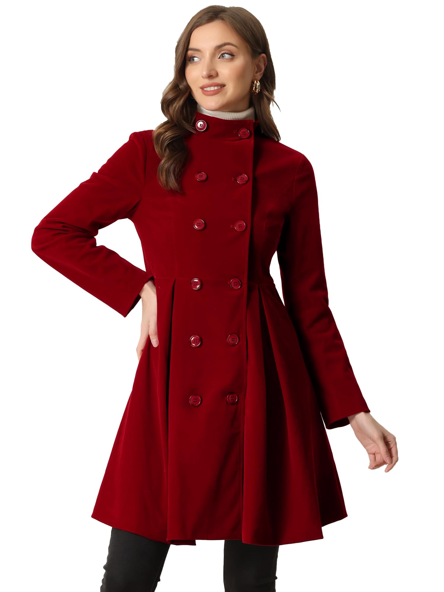 Allegra K Manteau A-Line en Velours pour Femmes Caban Mi-Long d'Hiver Trench-coats à Double Boutonnage