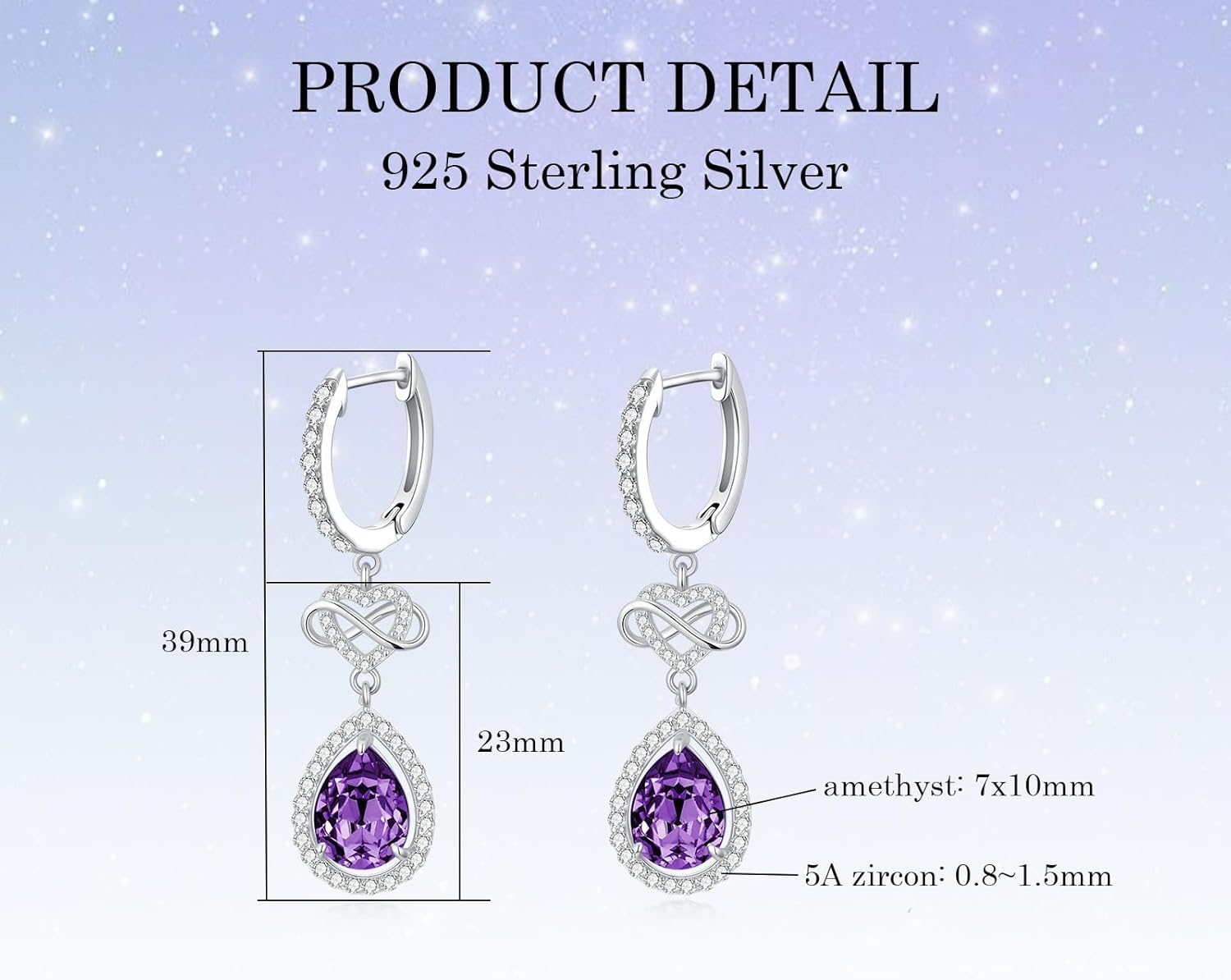 Natural Amethyst Drop Earrings 925 Sterling Silver, Infinity Heart Zircon Dangle Earrings for Women, Elegant Romantic Jewelry Gift - Image 6