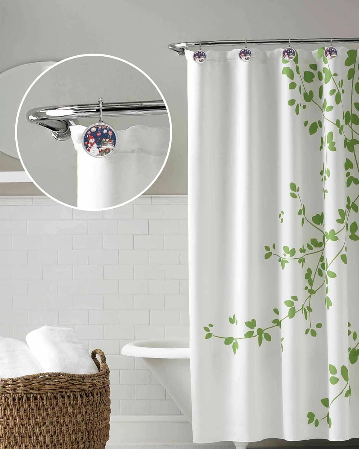 Shower Curtain Hooks 12 Pcs Christmas Red Snowman Balls Poinsettia Truck Navy Blue Stainless Steel Rust Proof Rolling Shower Curtain Rings, Decorative Shower Curtain Hooks Hangers for Bathroom