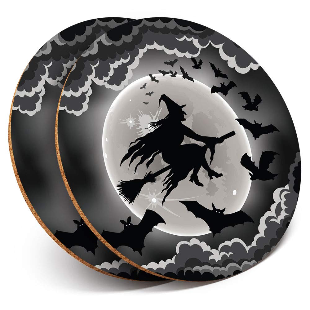 Destination Vinyl Ltd Multicolor 2 X Round Coasters - Flying Witch Witchcraft Bats - Cork Backed Home Kitchen Accessory Tea Coffee Mug Mat #14408