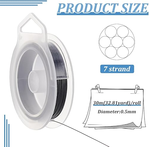 Miniatura 2 de BENECREAT 98 pies 0.02 pulgadas (0.5mm) alambre de cuentas de 7 hebras negro alambre de acero inoxidable recubierto de nailon para collar, pulsera,