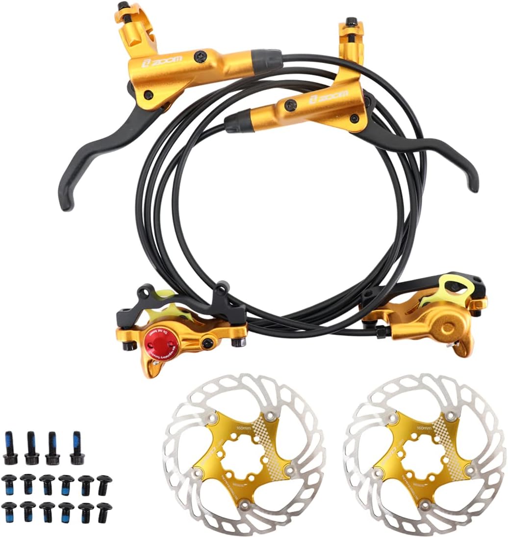 DJC Components Hydraulic Brake 2 Pistons Caliper MTB with Bike Floating Rotor Disc 160mm Left Front Right Rear Oil Brake HB875 Double Pistons (4# Golden and Rotor Pair)