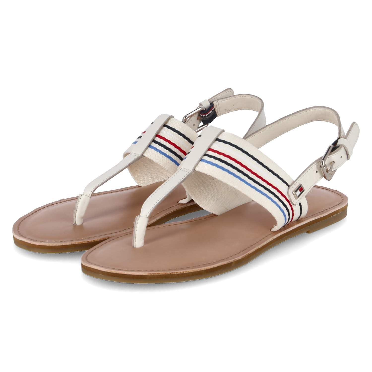 Tommy Hilfiger Kadın's Parmak Ayırıcı Sandalet Düz Sandalet Çizgili Bej Pürüzsüz Deri Tekstil