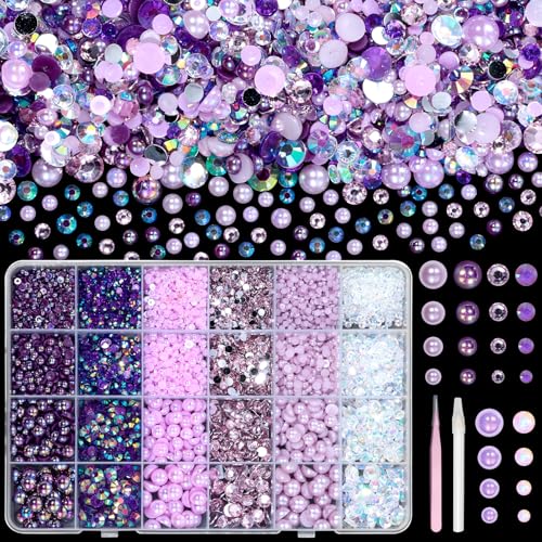 9000 Pcs Flatback Nail Pearl and Jelly Resin Rhinestones for Crafting, Dark Purple Mixed Size 3-8mm Jelly Rhinestones and Pearls Nail Jewels, Bedazzling Crystal Nails Art, Tweezer and Pickup Pencil