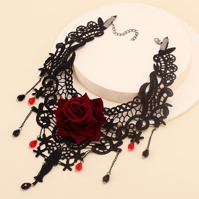 Gothic Black Lace Red Rose Flower Choker Necklace for Women4