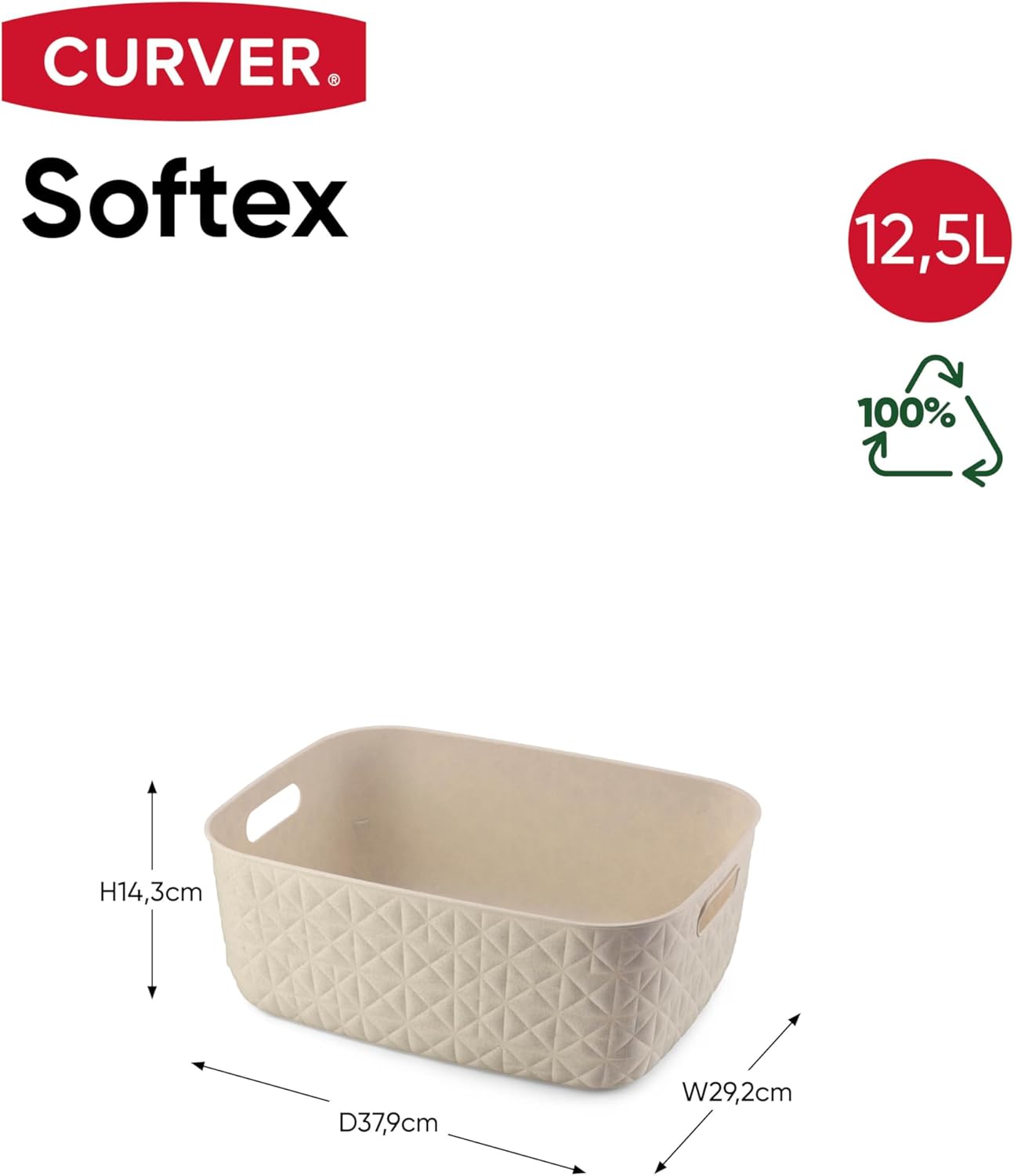 CURVER Softex 12.5 Litre Storage Basket, Elegant Design, Lightweight, Stackable and Practical, 100% Recycled, 37 x 29 x 14 cm, Cream