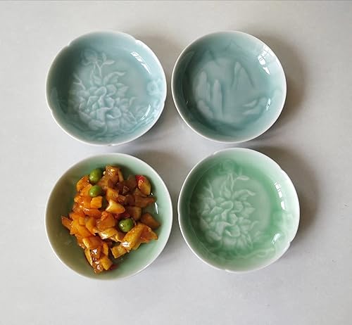 Miniatura 7 de Juego de 4 platillos chinos de 3.5 x 0.8 pulgadas para aperitivos de cerámica, postre para sushi, 1.2 onzas, mini platos, esmalte de celadón