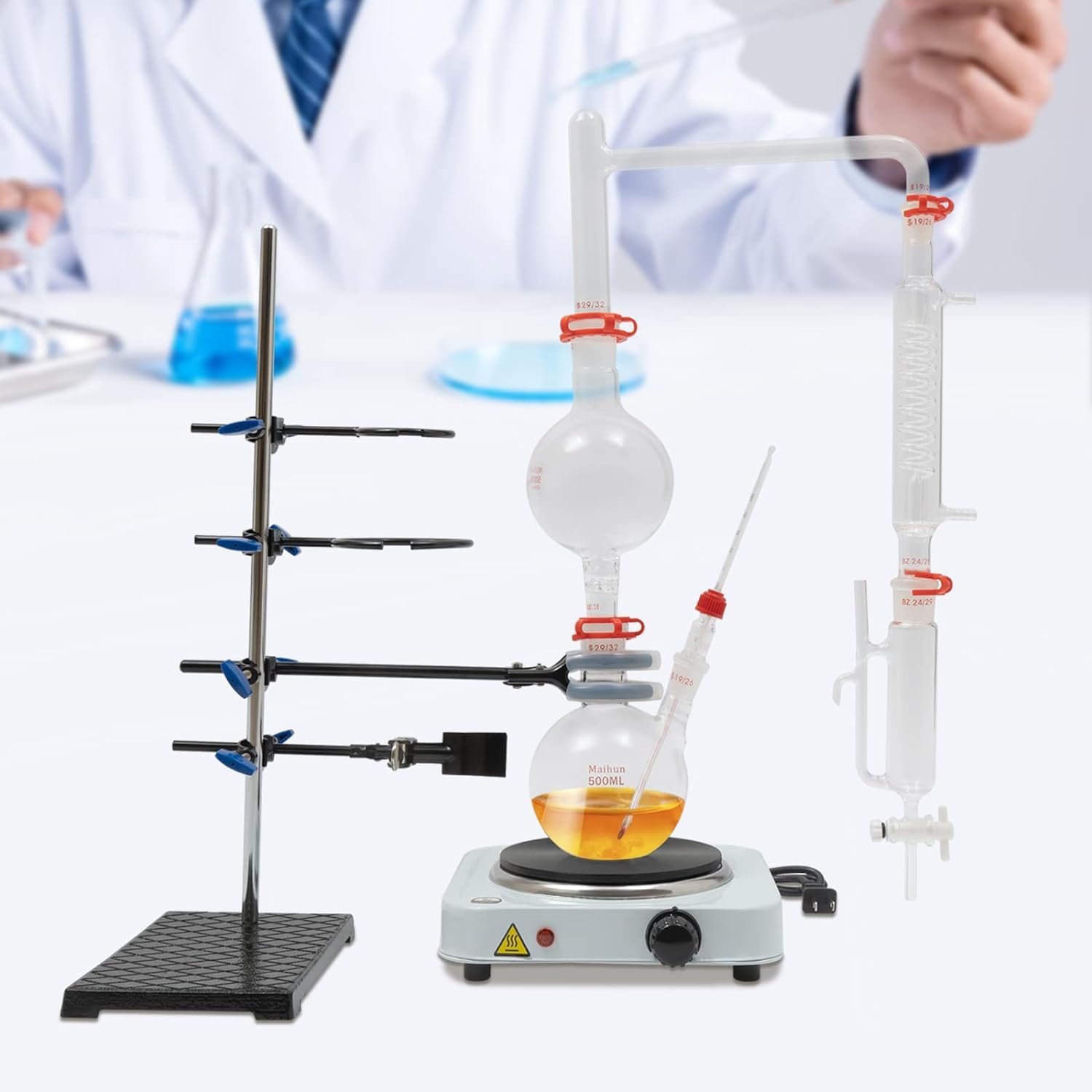 Set per Chimica, Kit per soffiatura del Vetro da 500/1000 ml/2000 ml, Kit per distillazione di vetreria da Laboratorio, separatore di Oli Essenziali per l'estrazione dell'idrolasi,1000mL