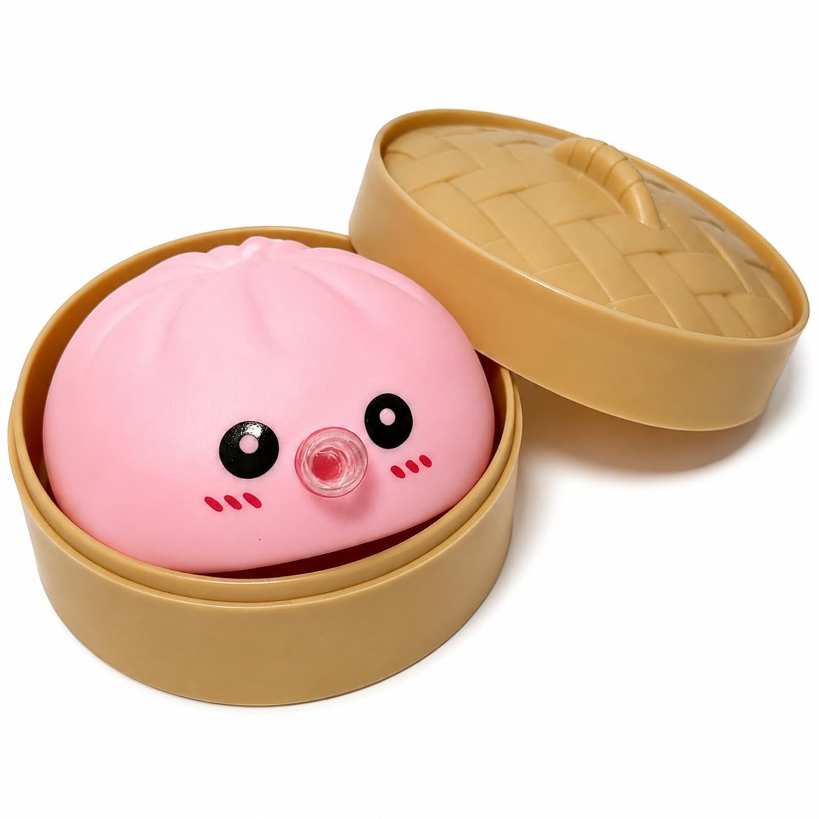 Dumpling Squishy Toy, Bubble Blowing Mystery Dumplings Squishy with Steamer Box, Pink Soft Flexible Bao Bun Squishzy for Stress Relief, Fidget Dumpling for Adult Boy Girl for Home Office Classroom