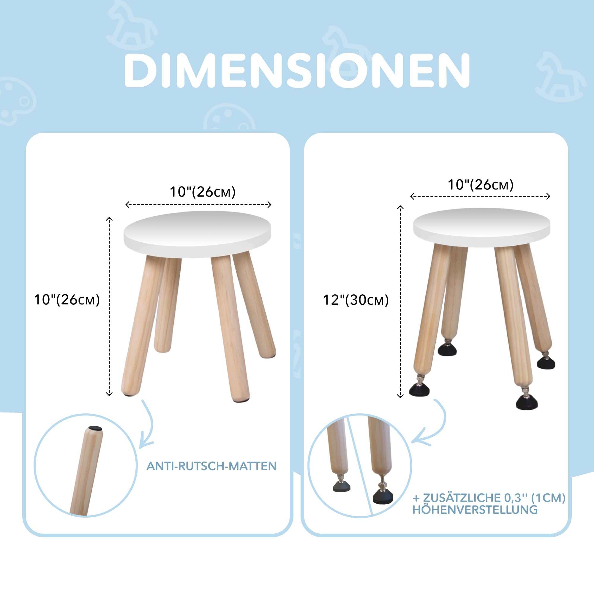 Cateam Tritthocker aus Holz für Kinder und Kleinkinder – 2er-Set – Weiß – Kinderhocker mit ausziehbaren Beinen – sensorischer Tischhocker – runder Sitzhocker für Kinder mit Nivellierfüßen