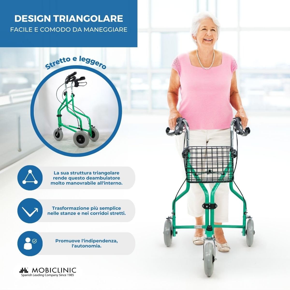 Mobiclinic®, Deambulatore per anziani, Cestino e 3 ruote, Con coperchio, Freni sulle maniglie, Altezza regolabile, Marchio spagnolo, Struttura leggera maneggevole, Piccole, Verde