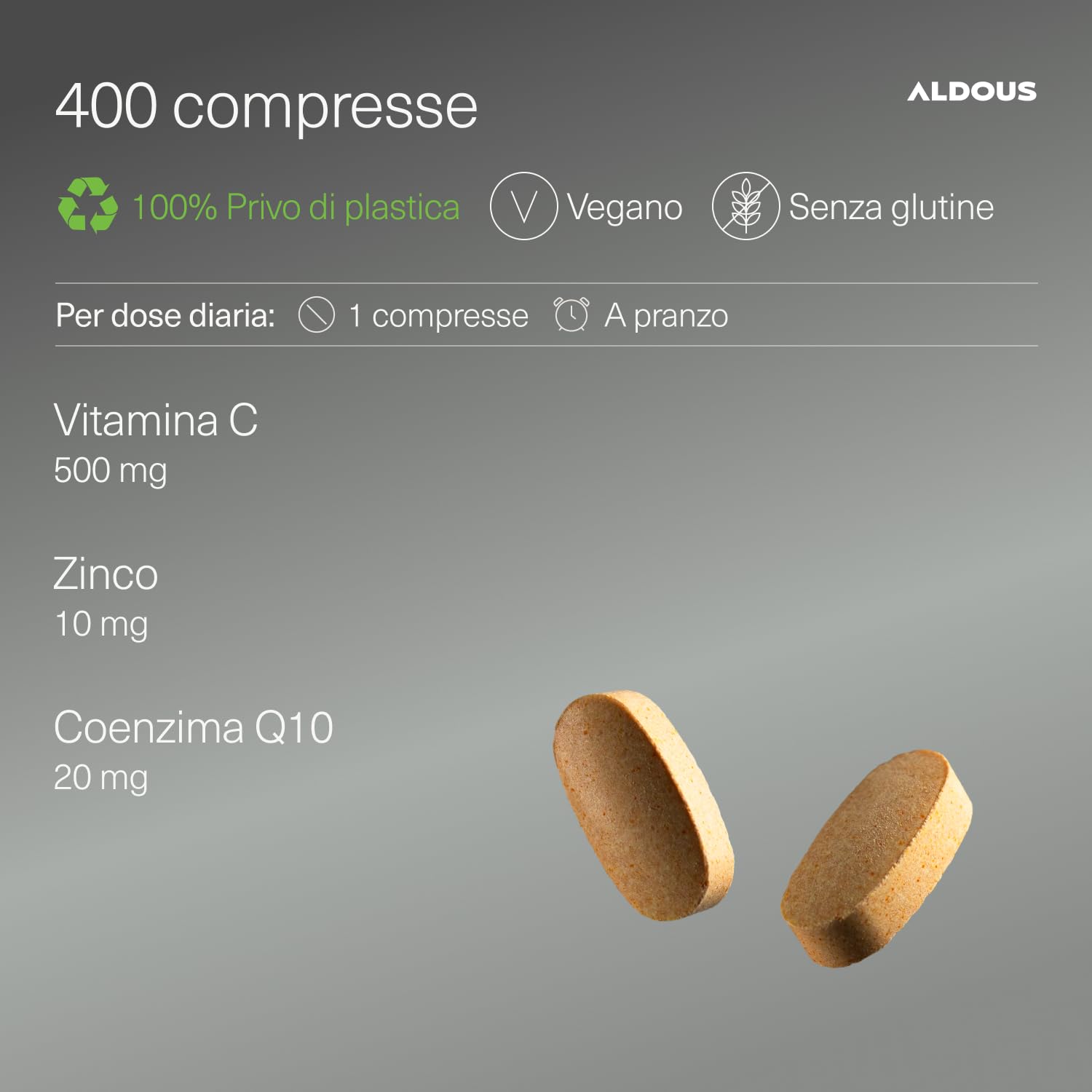 Vitamina C + Zinco + Q10-400 Compresse (Scorta per +1 Anno) - Vitamina C Alto Dosaggio - 100% Naturale - Integratori Stanchezza, Integratore Difese Immunitarie - ALDOUS