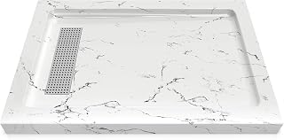 CKB 48x32 Inch Shower Base, Pre-Sloped Acrylic Fiberglass Shower Pan, Left/Right Installation, Easy DIY Installation with Removable Flange for Zero, Single or Dual Threshold, Carrara Marble White Look
