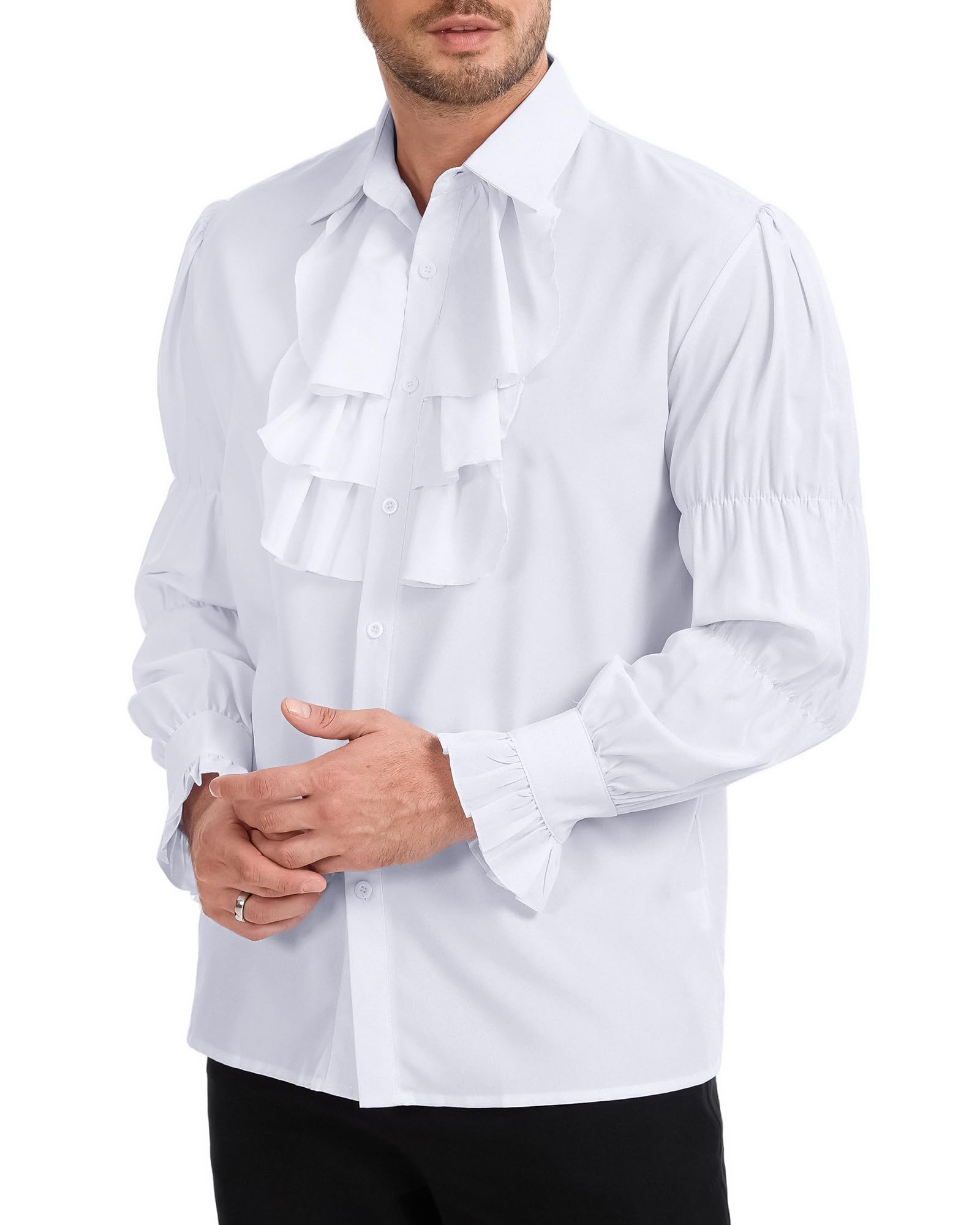 YAOHUOLE Mens Gothic Pirate Shirt Renaissance Ruffle Victorian Costume Shirt White 3XL