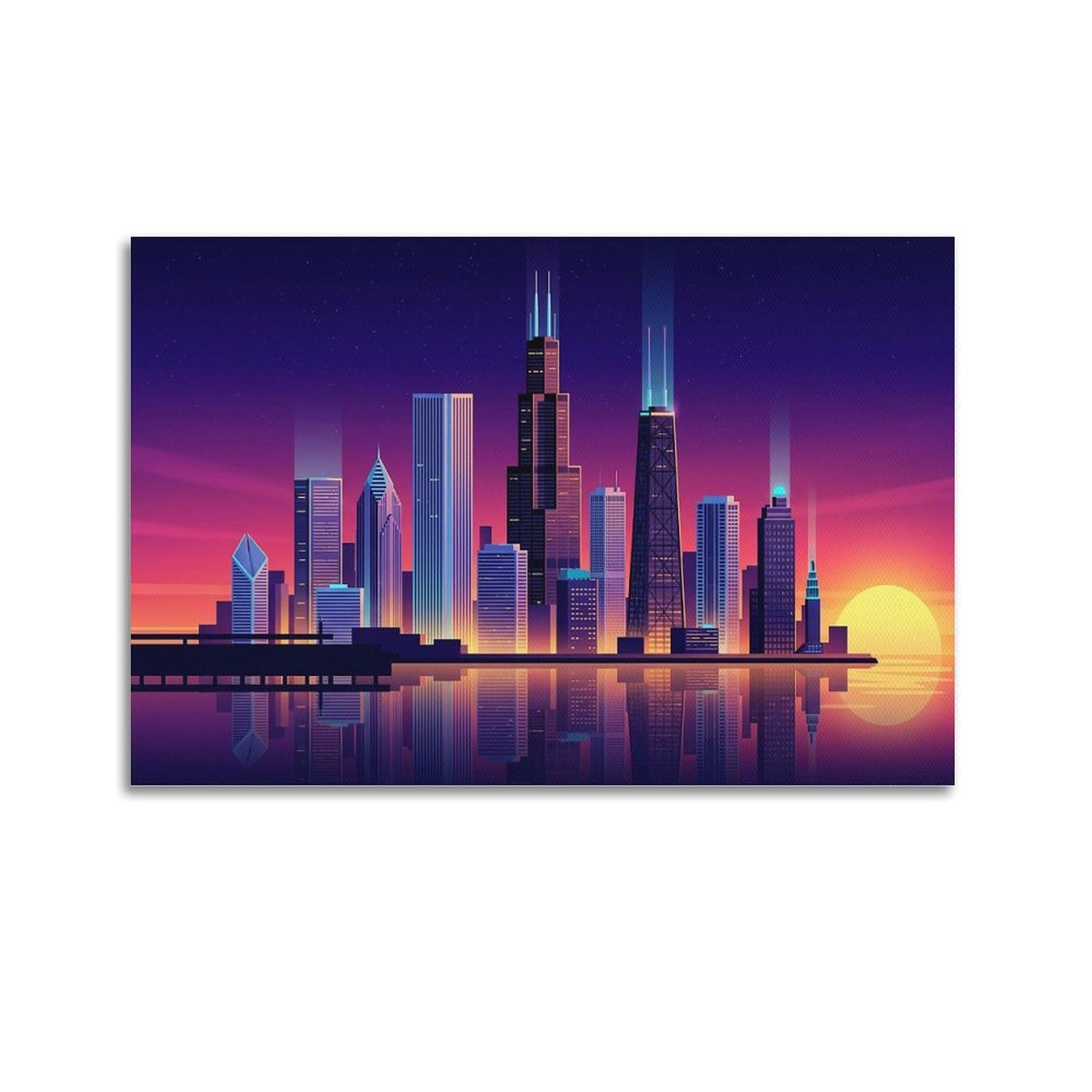 XKUGA Retro Chicago Landmark Punk Skyline Poster Modern Decorative Canvas Prints - Ideal Wall Art for Family, Man Cave, Game Room, Boys & Girls Bedroom 24x36inch(60x90cm)