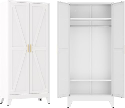 Miniatura 14 de Armario de metal Guardarropa Closet con Barra para Colgar, 71'' Gabinete Guardarropa de Metal con 2 Puertas y 2 Estantes Ajustables, Armarios de