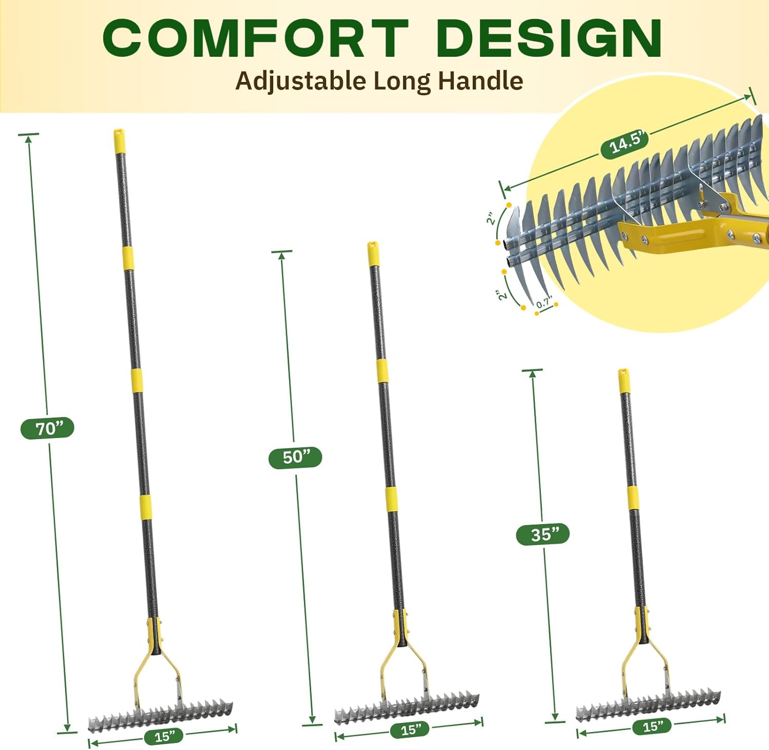 Dual-Action Dethatcher Rake - 19-Tine, Heavy Duty Landscaping Rake, Adjustable Thatch Rake with 40-70 inch, Metal Rake, Turf Rake for Artificial Grass, Cleaning Dead Grass, Soil Loosening & Yard Care