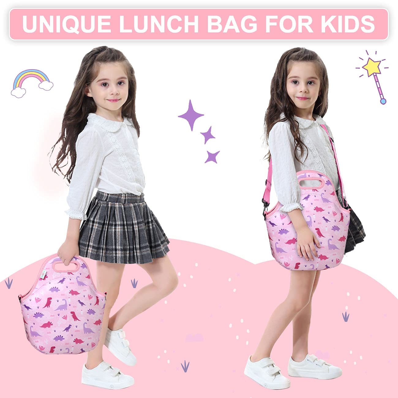 Lonchera para niños, bolsa de almuerzo ligera de neopreno para niños pequeños y niñas a la escuela, guardería, jardín de infantes, dinosaurio rosa 7