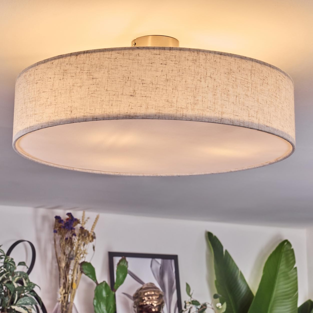 HOFSTEIN Deckenleuchte Foggia, Deckenlampe aus Metall/Kunstleinen/Kunststoff in Nickel-matt/Natur/Beige/Weiß, moderne Leuchte (Ø 50cm), E27, Esszimmer, Wohnzimmer, Schlafzimmer, Küche, Flur