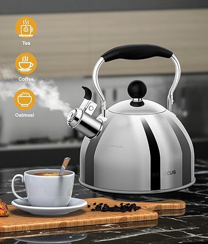 Miniatura 6 de Hervidor de té, hervidor de té silbante de acero inoxidable de 2 cuartos de galón, tetera silbante para estufa con mango plegable ergonómico, tetera