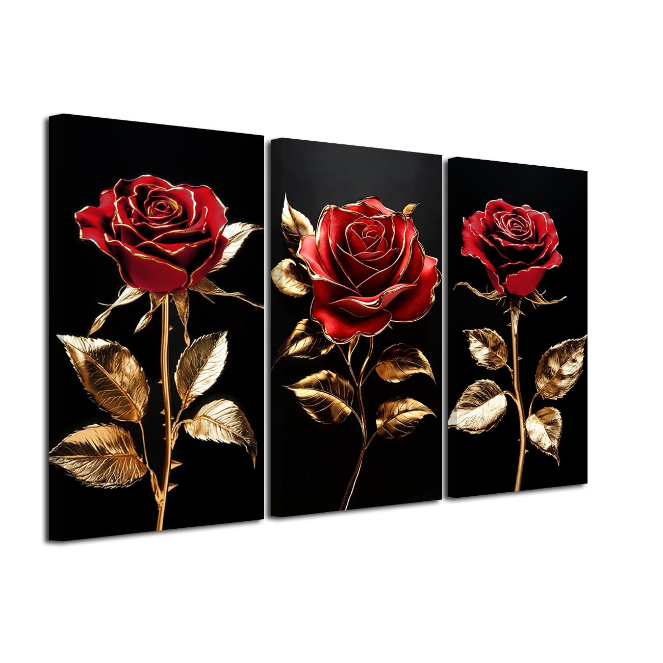 Photo 1 of LZIMU 3Pcs Black and Gold Rose Canvas Wall Art Red Floral Picture for Bathroom Flower Golden Leaf Print Abstract Dark Plant Painting Luxury Artwork for Home Framed (Gold, 8x16inchx3 Pieces)