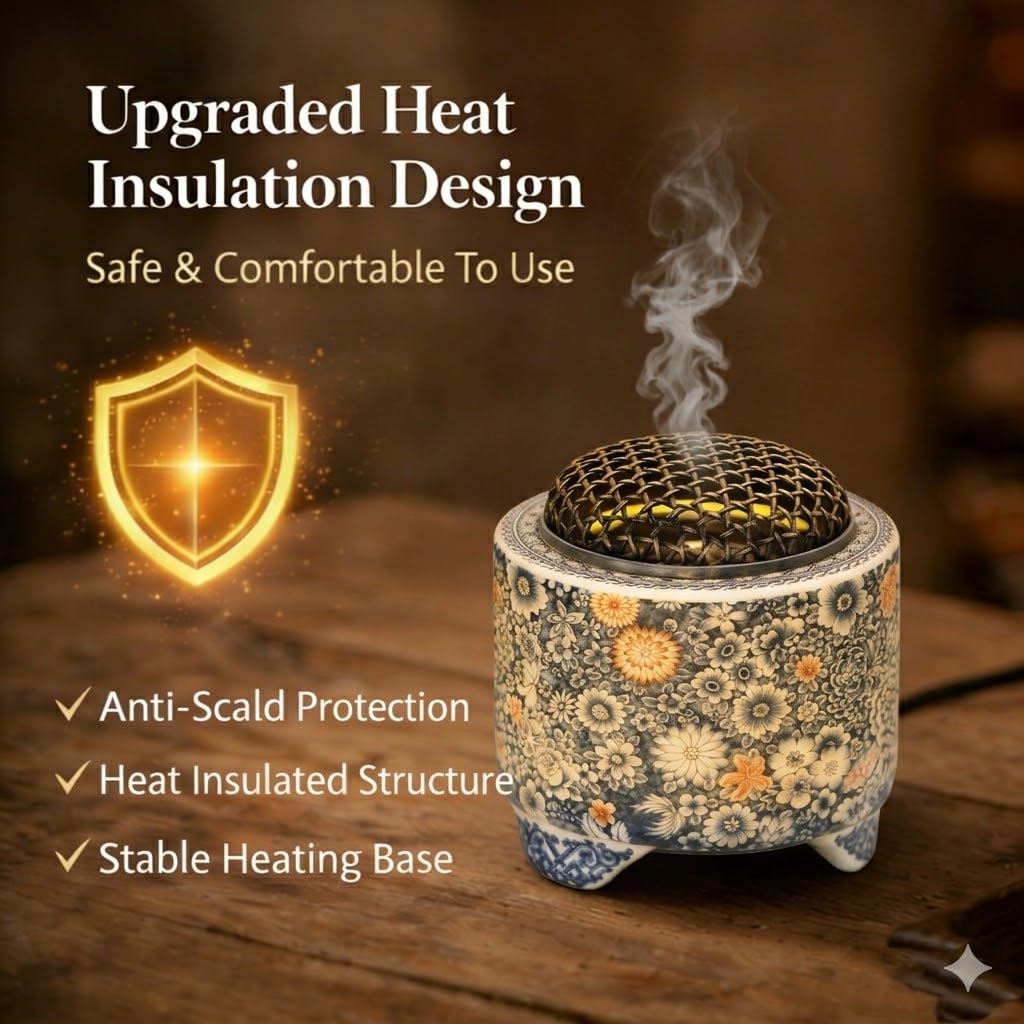 Bruciatore di incenso elettrico in ceramica blu e bianco in porcellana con luci LED integrate che simulano le fiamme, design classico, elegante e di fascia alta