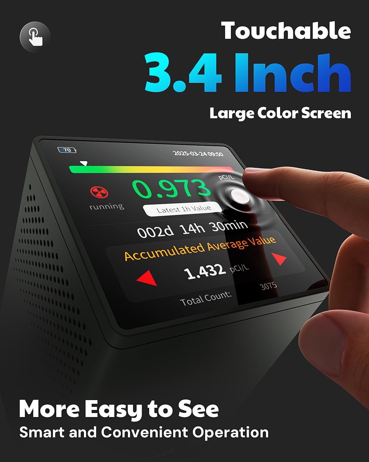 HOUND-2033 Radon Detector for Home, 3.4" Touchscreen, 10-Minute Updates, Audible & Visual Alarms, Portable Rechargeable Design, Long-Term Monitoring, USB Data Export, pCi/L or Bq/m³ – Black - Image 2