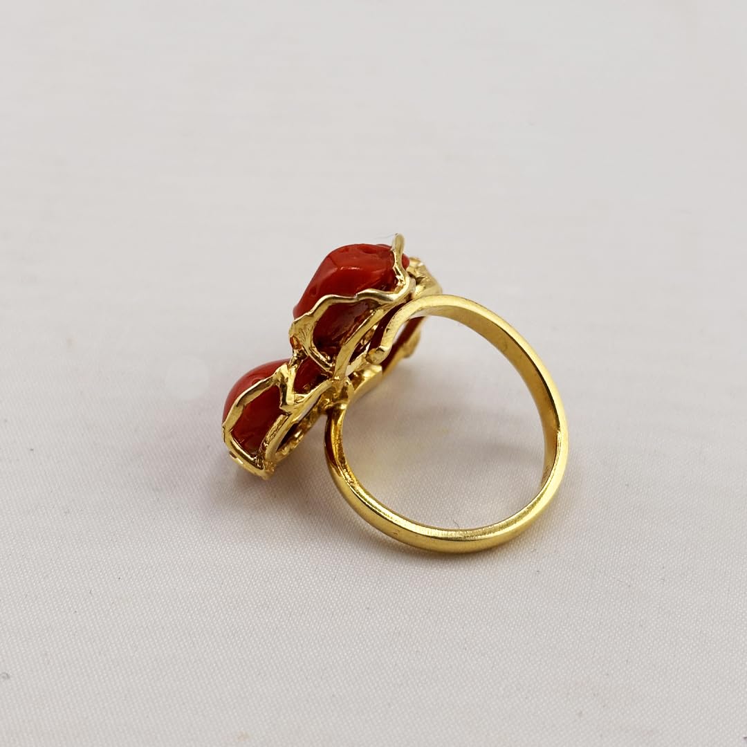 Anello da donna e ragazza miusra regolabile in argento 925 dorato con tripla spola barocca corallo rosso naturale del Mediterrano gioiello unico artigianale