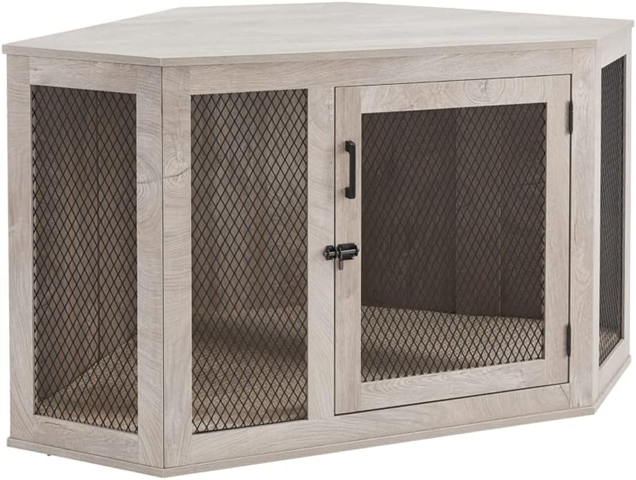 unipawsLarge Corner Dog Crate with Cushion, Dog Kennel with Wood and Mesh, Dog House, Pet Crate Indoor Use, Weather Grey
