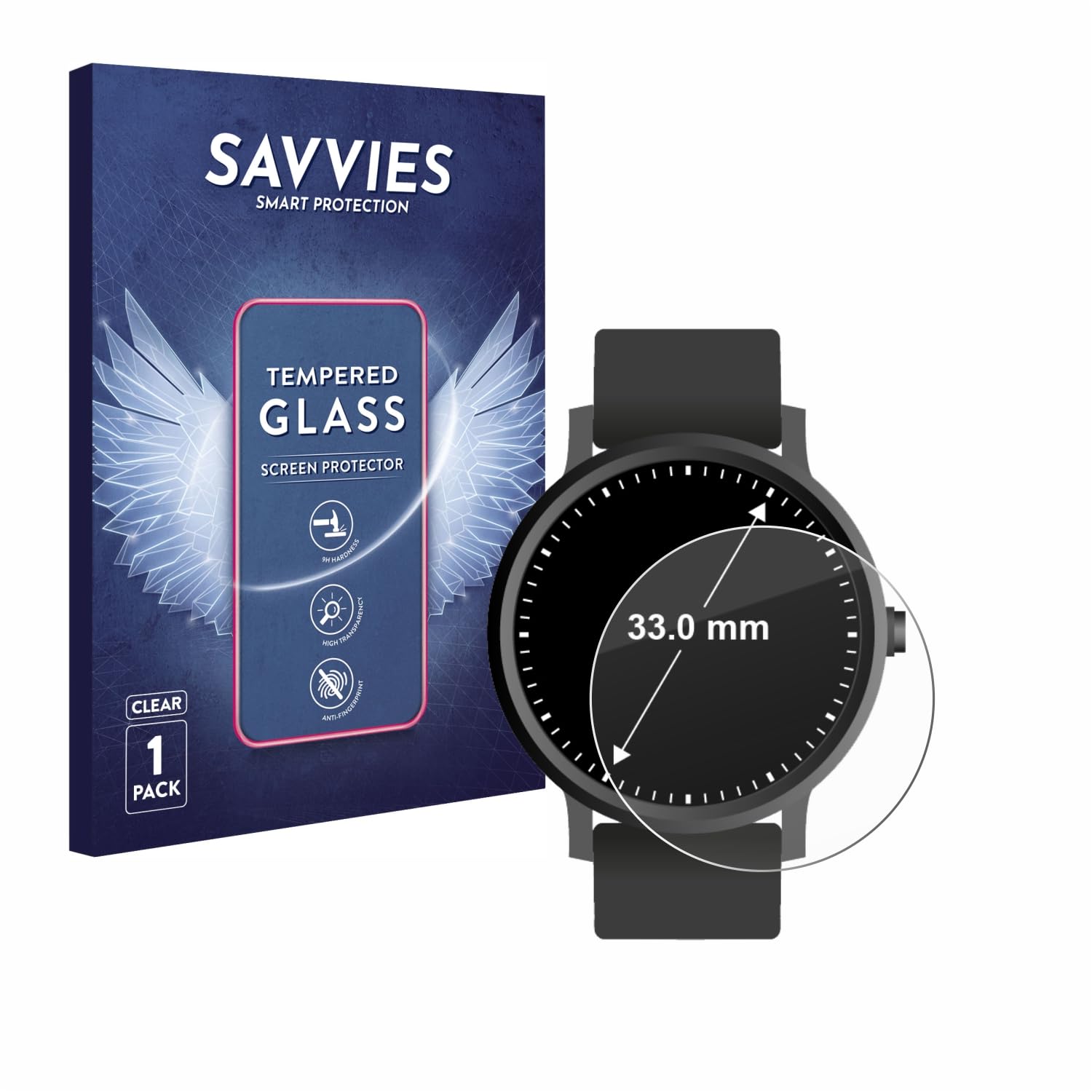 savvies Protector Cristal Templado para Relojes (Circular, ø: 33 mm) Protector Pantalla Vidrio, Protección 9H, Pelicula Anti-Huellas