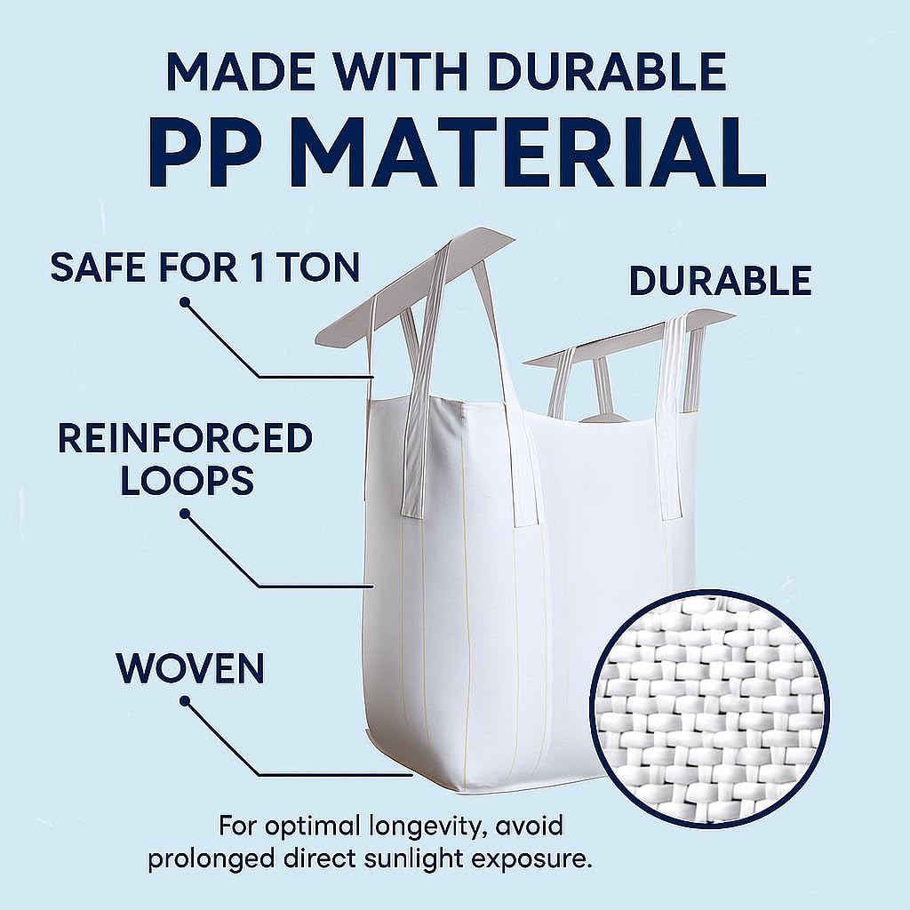 5 Pack FIBC Bulk Bags, 1 Ton Capacity Each (35" x 35" x 43"), 2200lbs SWL Polypropylene, Large Reusable Super Sacks for Yard Waste, Firewood, Grain(costales para maíz), Construction Debris, and More