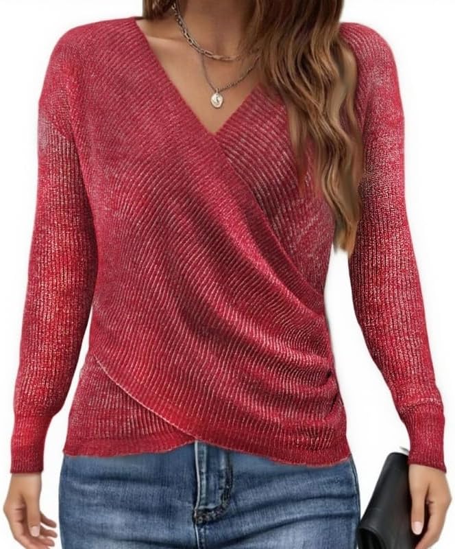 Womens Criss Cross Sweater V Neck Long Sleeve Off Shoulder Pullover Wrap Ruched Knit Casual Fall Winter Jumper Tops